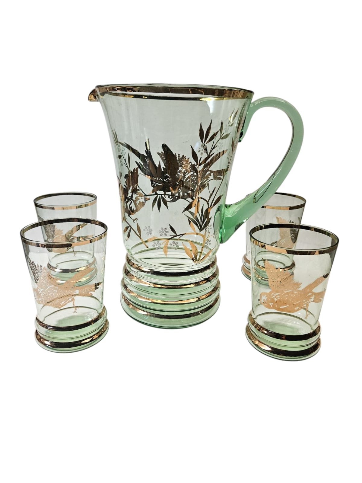 Bohemia Lemonade Suite with 1 green Pitcher and 4 glasses with gold birds and foliage 1950s