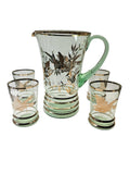 Bohemia Lemonade Suite with 1 green Pitcher and 4 glasses with gold birds and foliage 1950s