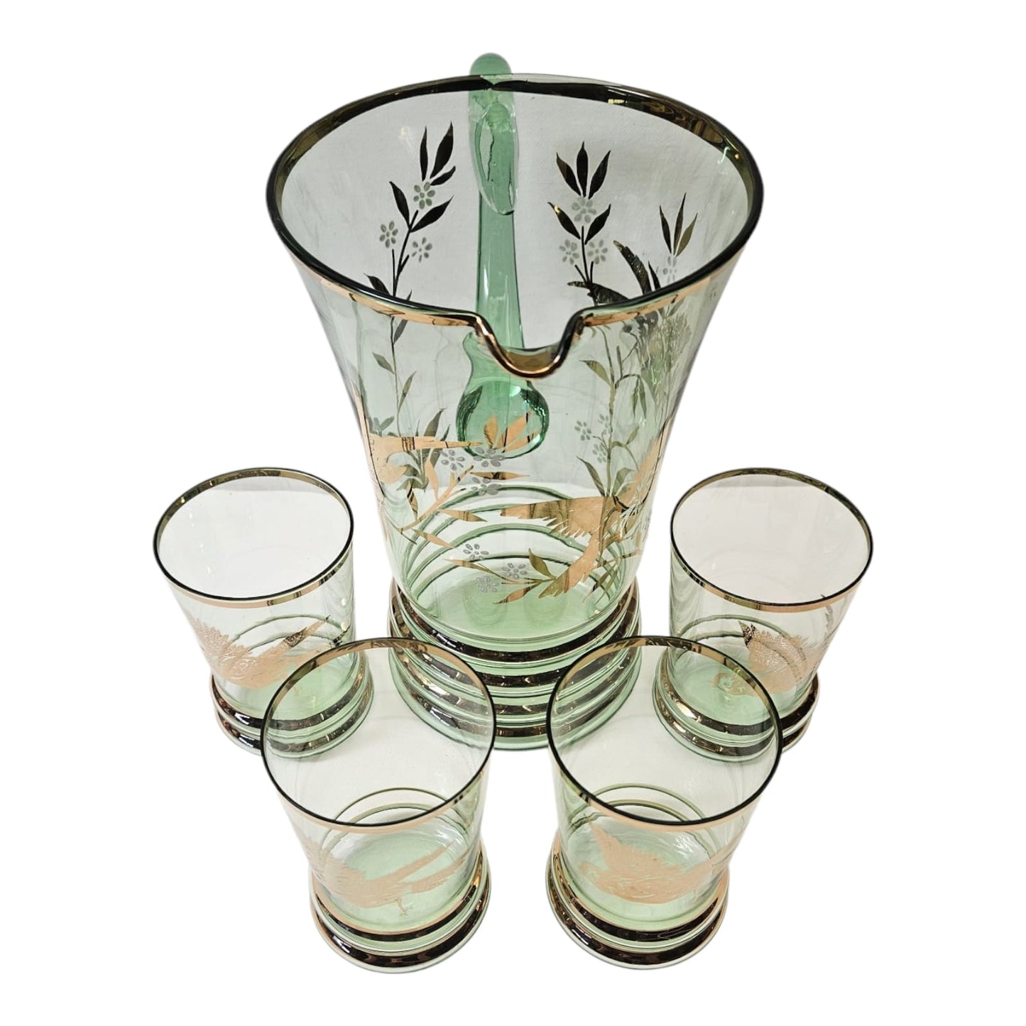 Bohemia Lemonade Suite with 1 green Pitcher and 4 glasses with gold birds and foliage 1950s