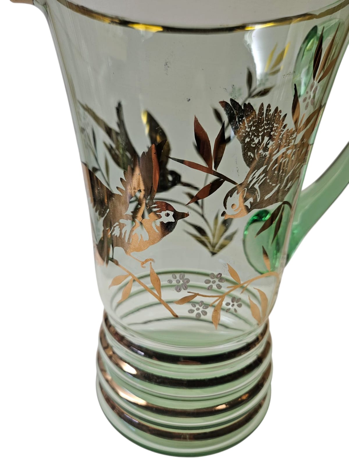Bohemia Lemonade Suite with 1 green Pitcher and 4 glasses with gold birds and foliage 1950s