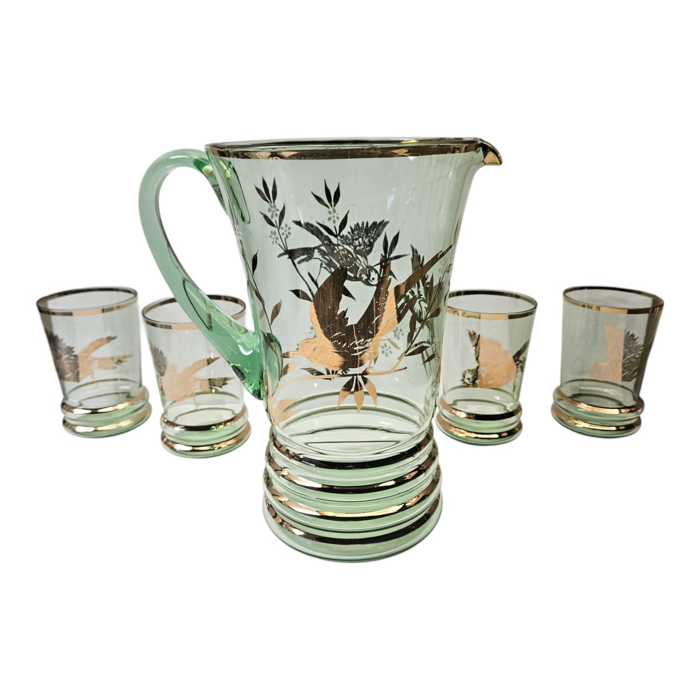 Bohemia Lemonade Suite with 1 green Pitcher and 4 glasses with gold birds and foliage 1950s