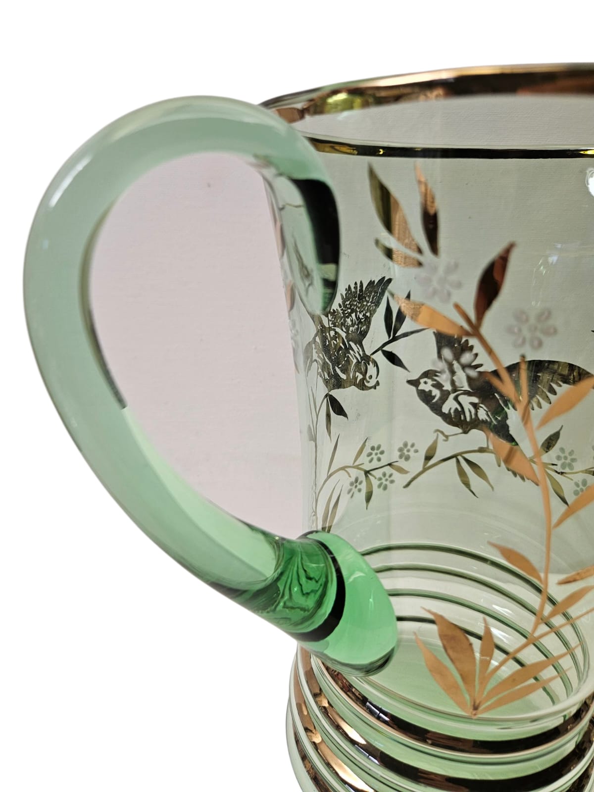 Bohemia Lemonade Suite with 1 green Pitcher and 4 glasses with gold birds and foliage 1950s