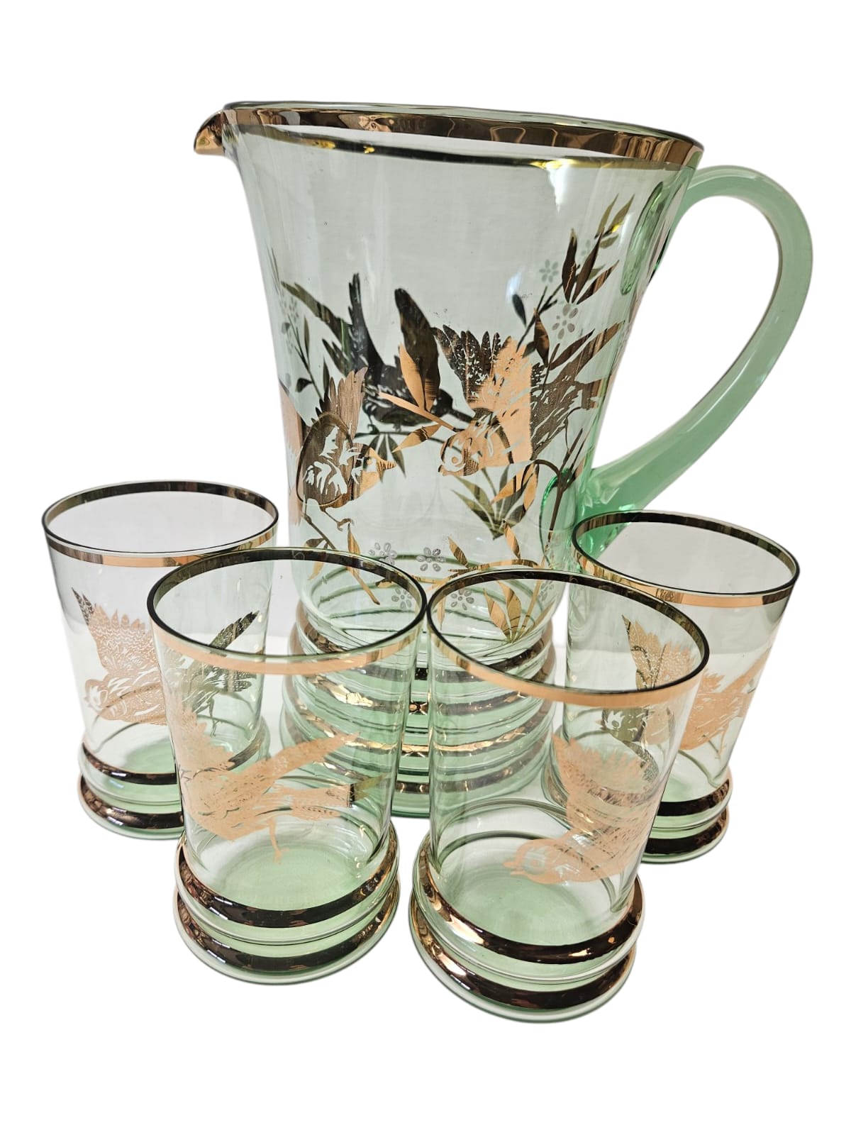 Bohemia Lemonade Suite with 1 green Pitcher and 4 glasses with gold birds and foliage 1950s