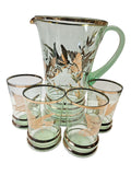 Bohemia Lemonade Suite with 1 green Pitcher and 4 glasses with gold birds and foliage 1950s