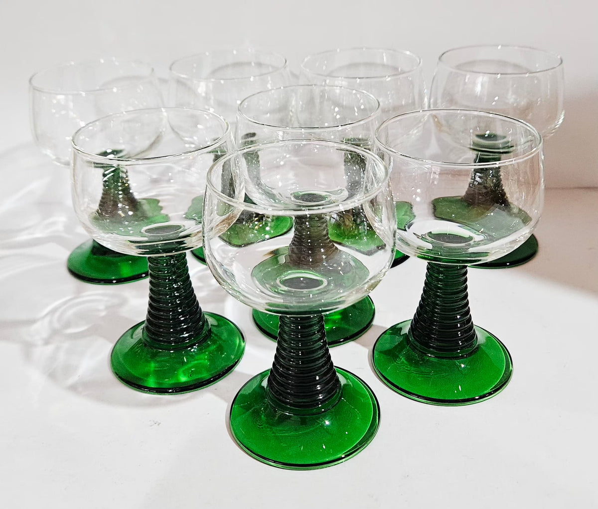 Set of 8 Vintage Luminarc Roemer Wine Glasses Green Ribbed stems