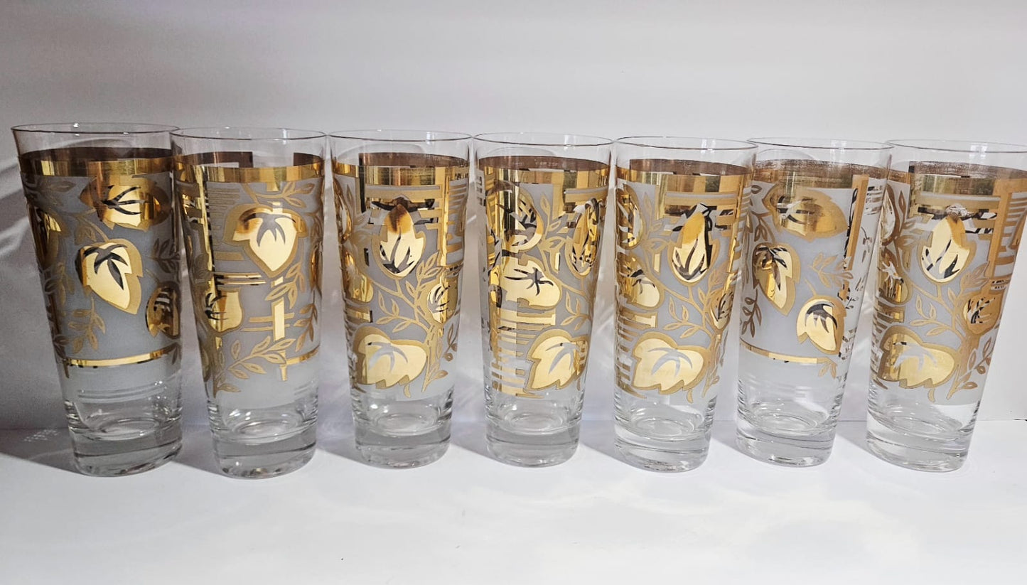 Mid Century Gold Leaf High Ball Tumblers (set of 7)