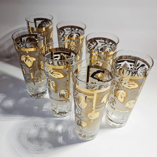 Mid Century Gold Leaf High Ball Tumblers (set of 7)