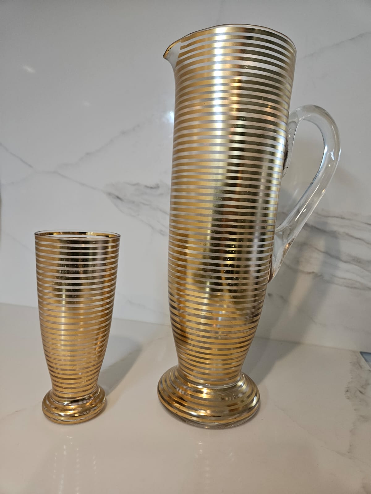 Vintage French Gold Pinstripe Jug and goblet 1960s