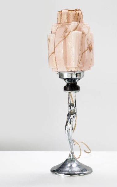 Art Deco Chrome Diane Lamp with original skyscraper opaline marbled shade