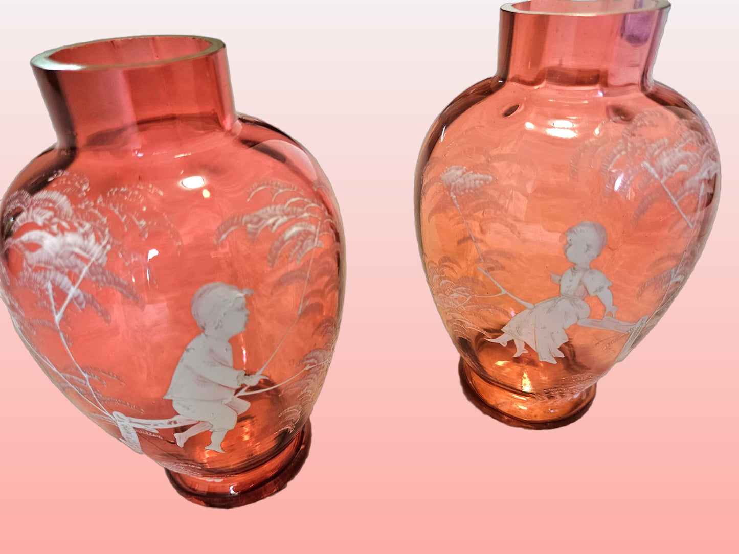 2 x Antique Victorian Mary Gregory cranberry glass vases Circa 1860