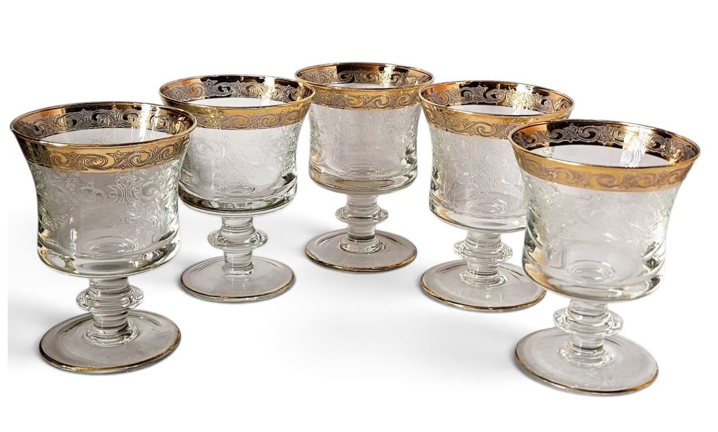 5 x Murano "Medici" etched wine /water glasses with gold rim c.1960