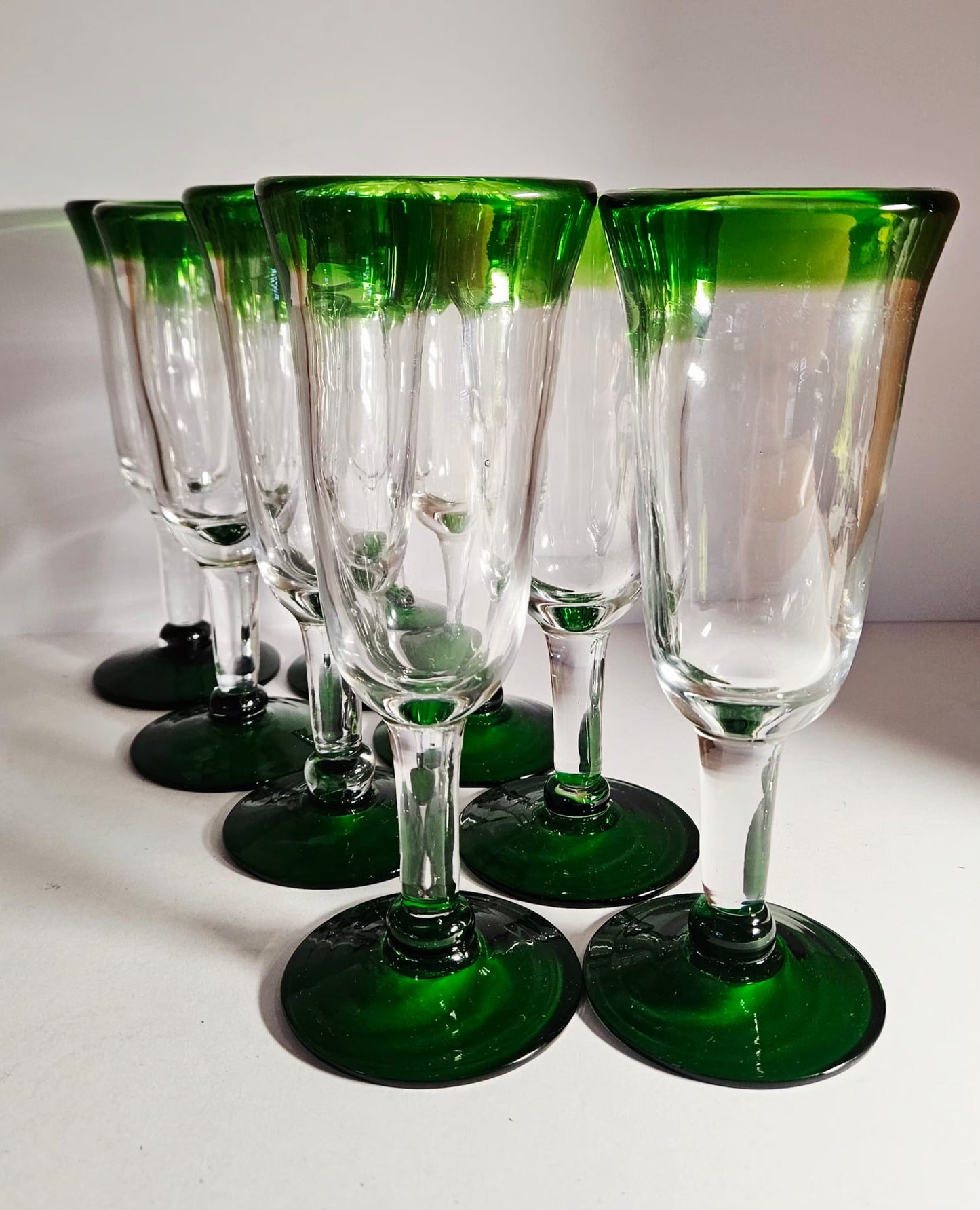 Set of 8 Hand Blown green-rimmed "Mexican" Fluted Wine Glass