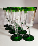 Set of 8 Hand Blown green-rimmed "Mexican" Fluted Wine Glass