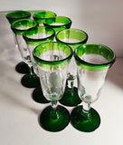 Set of 8 Hand Blown green-rimmed "Mexican" Fluted Wine Glass