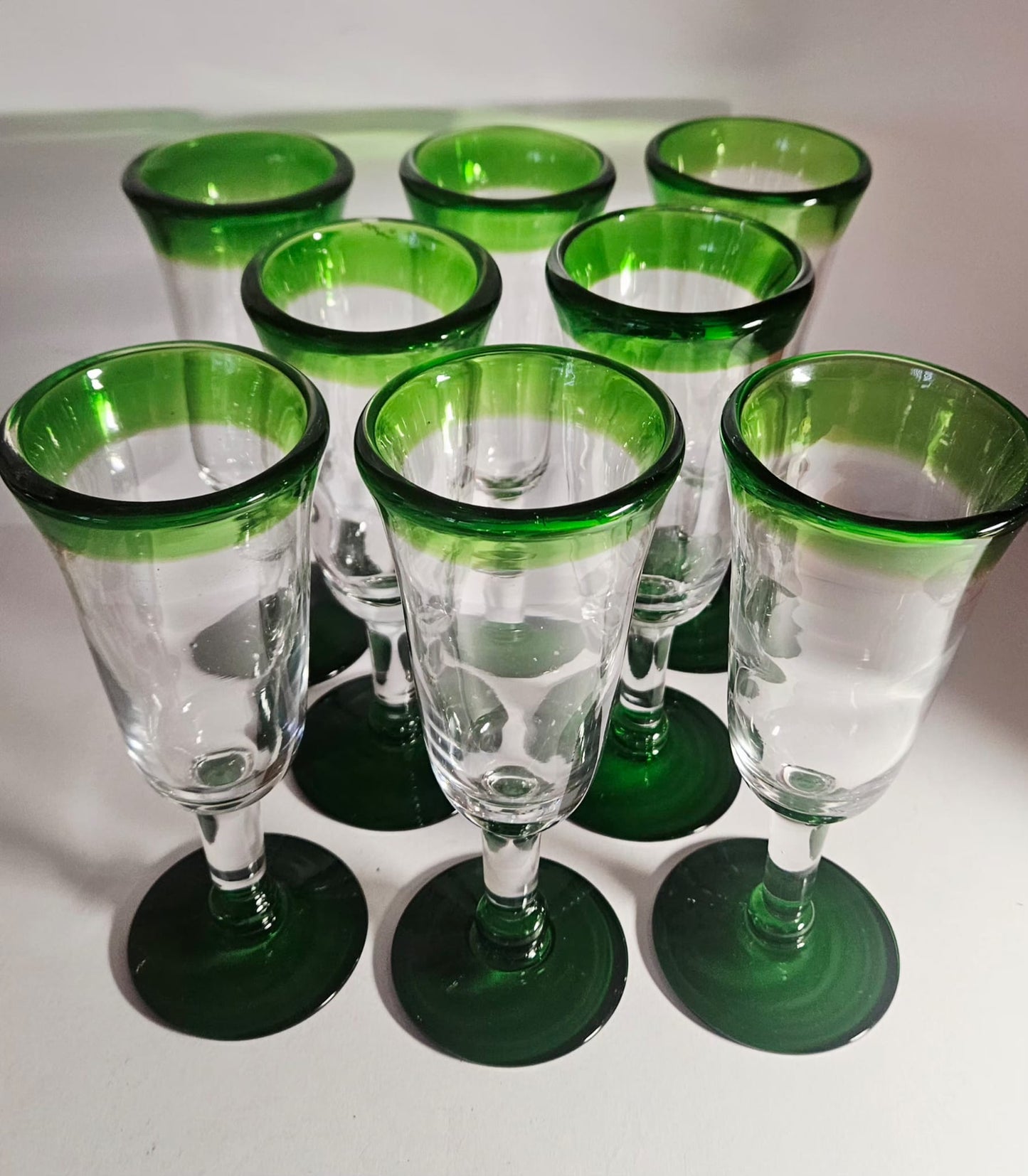 Set of 8 Hand Blown green-rimmed "Mexican" Fluted Wine Glass