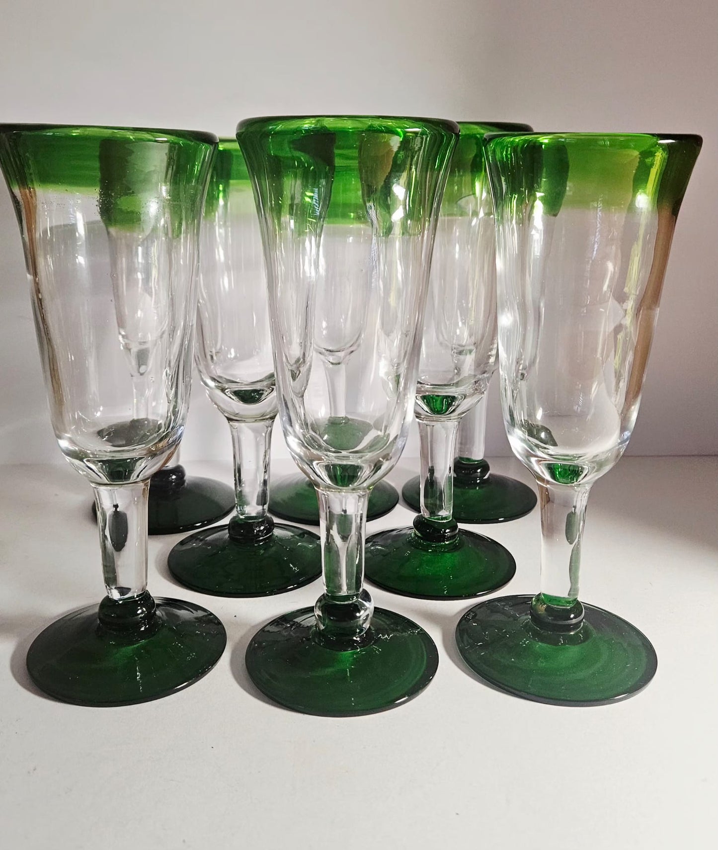 Set of 8 Hand Blown green-rimmed "Mexican" Fluted Wine Glass