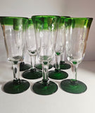 Set of 8 Hand Blown green-rimmed "Mexican" Fluted Wine Glass