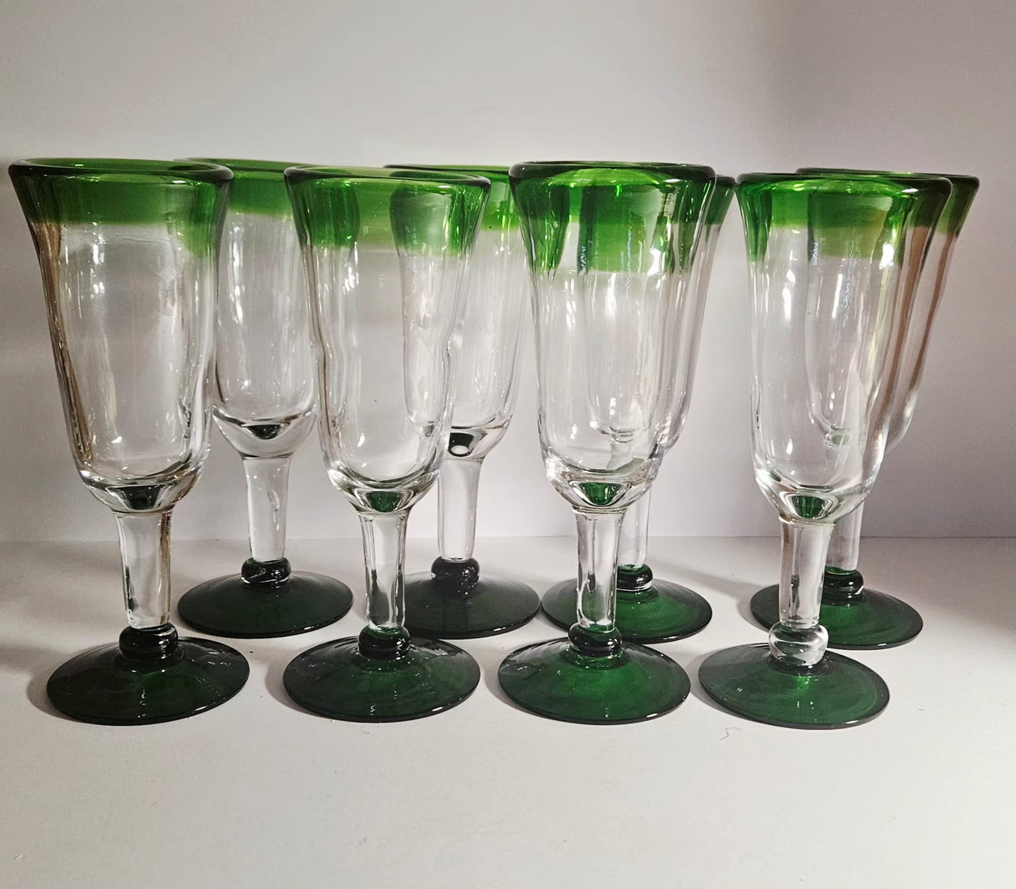 Set of 8 Hand Blown green-rimmed "Mexican" Fluted Wine Glass