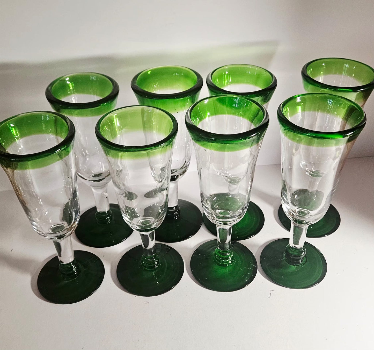 Set of 8 Hand Blown green-rimmed "Mexican" Fluted Wine Glass