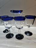 Vintage Cobalt Blue hand blown Mexican pitcher and glasses 1980s