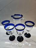 Vintage Cobalt Blue hand blown Mexican pitcher and glasses 1980s