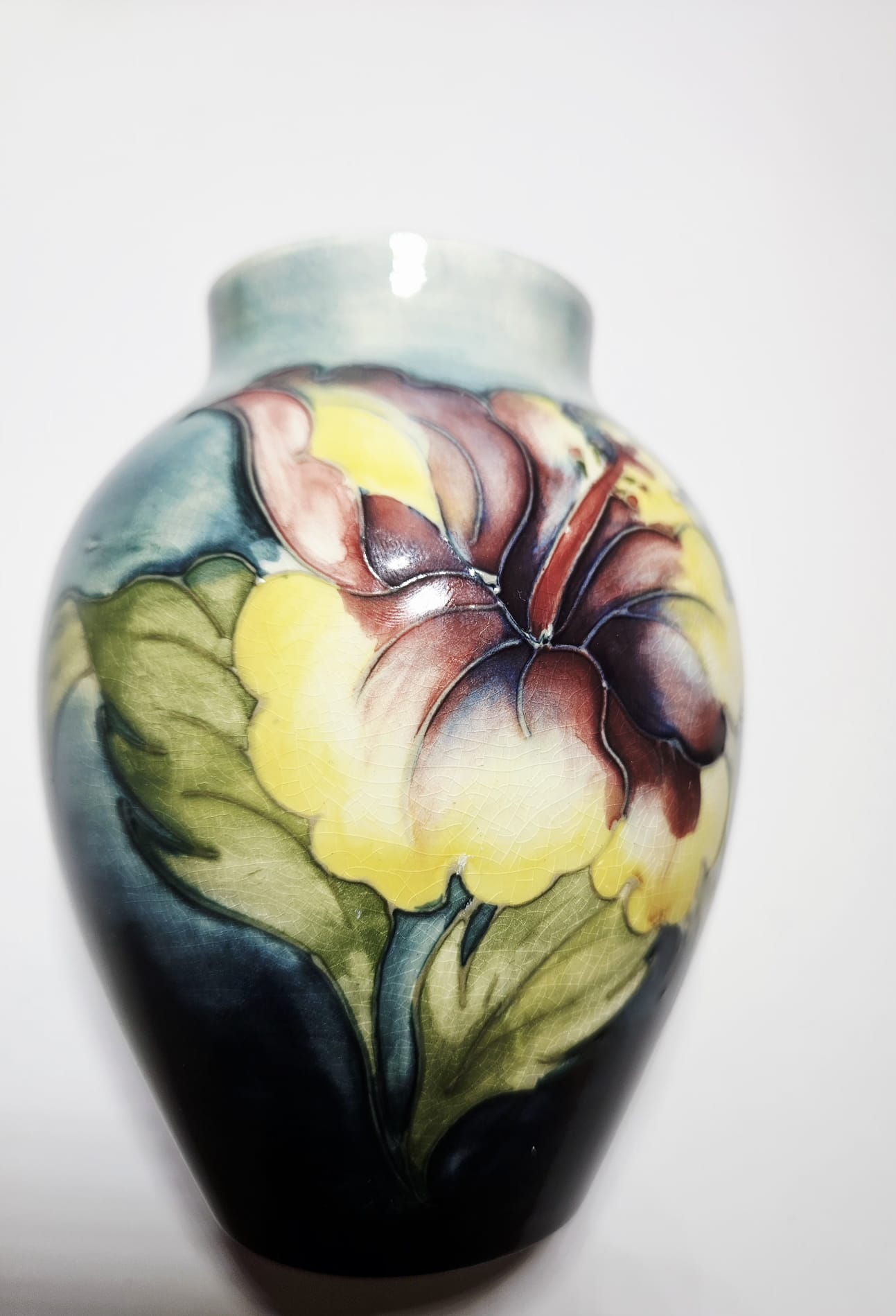 Vintage Moorcroft flambe glaze Pottery Hibiscus Pattern Vase
