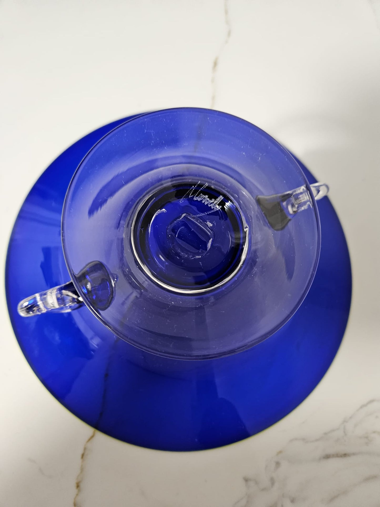 Richard Morrell Australian Art Glass Bowl, Hand Blown Royal Blue with lime green trim