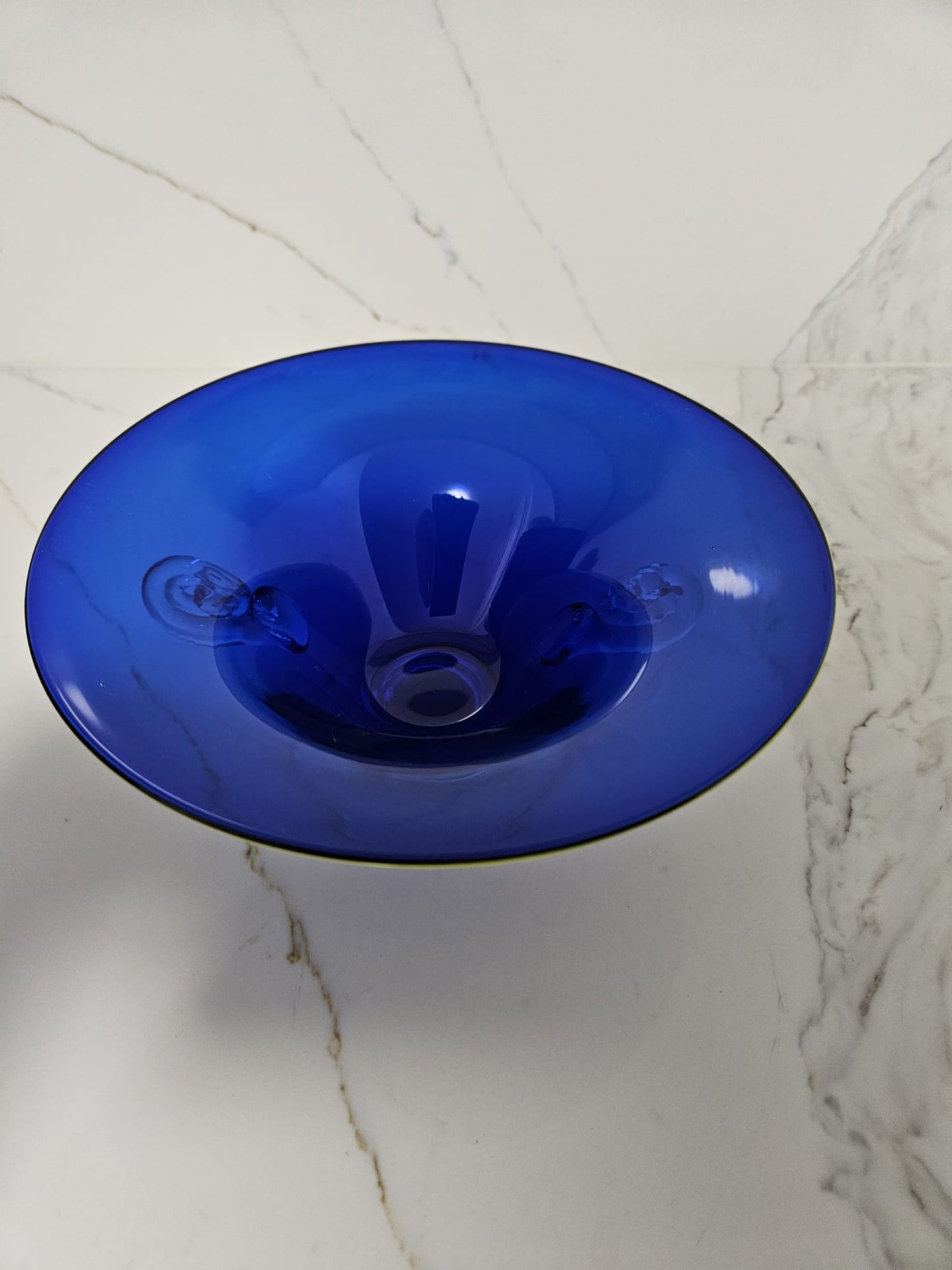 Richard Morrell Australian Art Glass Bowl, Hand Blown Royal Blue with lime green trim