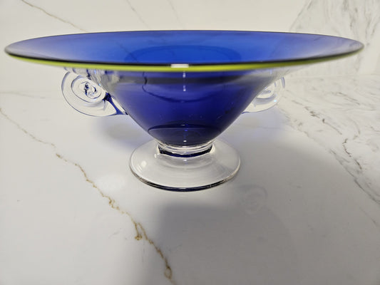 Richard Morrell Australian Art Glass Bowl, Hand Blown Royal Blue with lime green trim