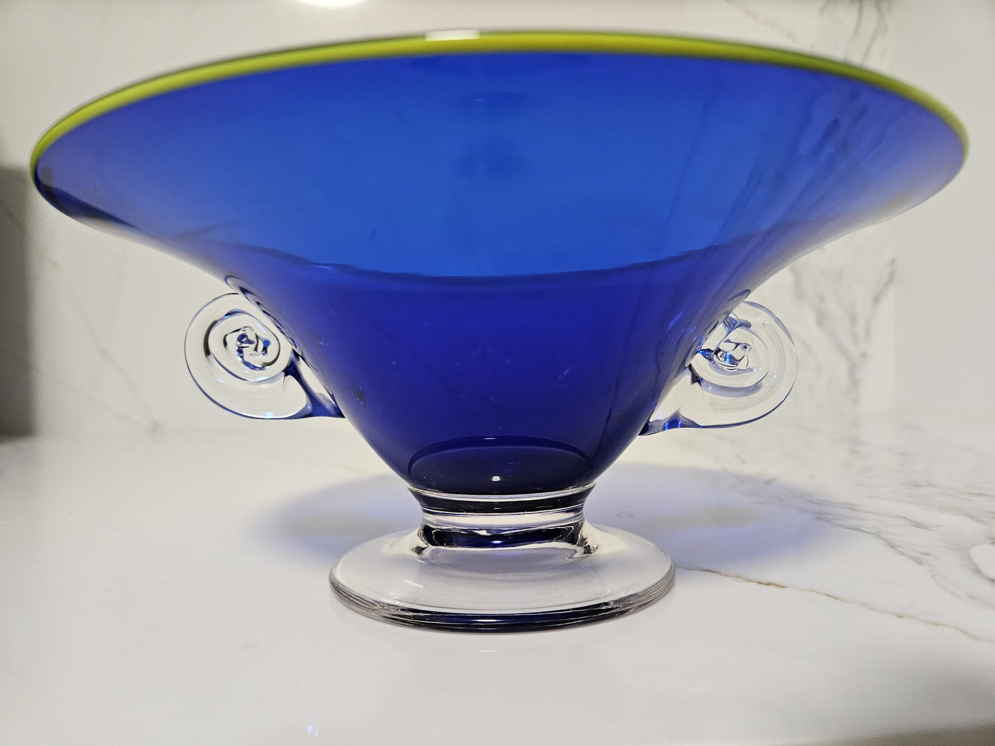 Richard Morrell Australian Art Glass Bowl, Hand Blown Royal Blue with lime green trim