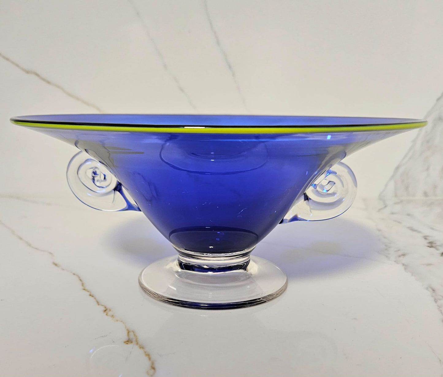 Richard Morrell Australian Art Glass Bowl, Hand Blown Royal Blue with lime green trim