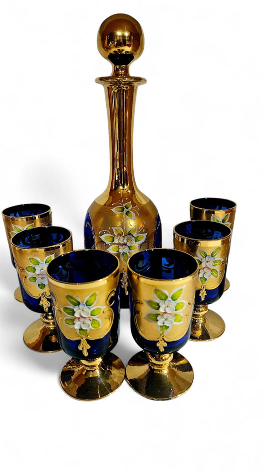 Murano Glass Decanter Set with Six Wine Glasses 24K Gold Leaf - Cobalt Blue