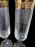 2 x Champagne flutes from Murano, Medici pattern with Gold encrusted Band, etched Scrolls