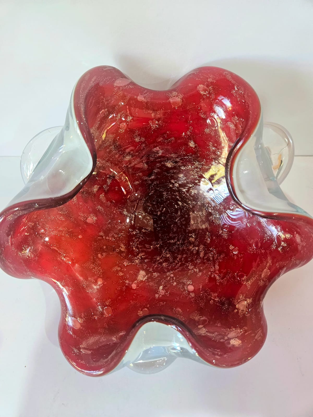 Vintage Murano Seguso Art Glass Bowl Candy Dish Red And Gold Fleck