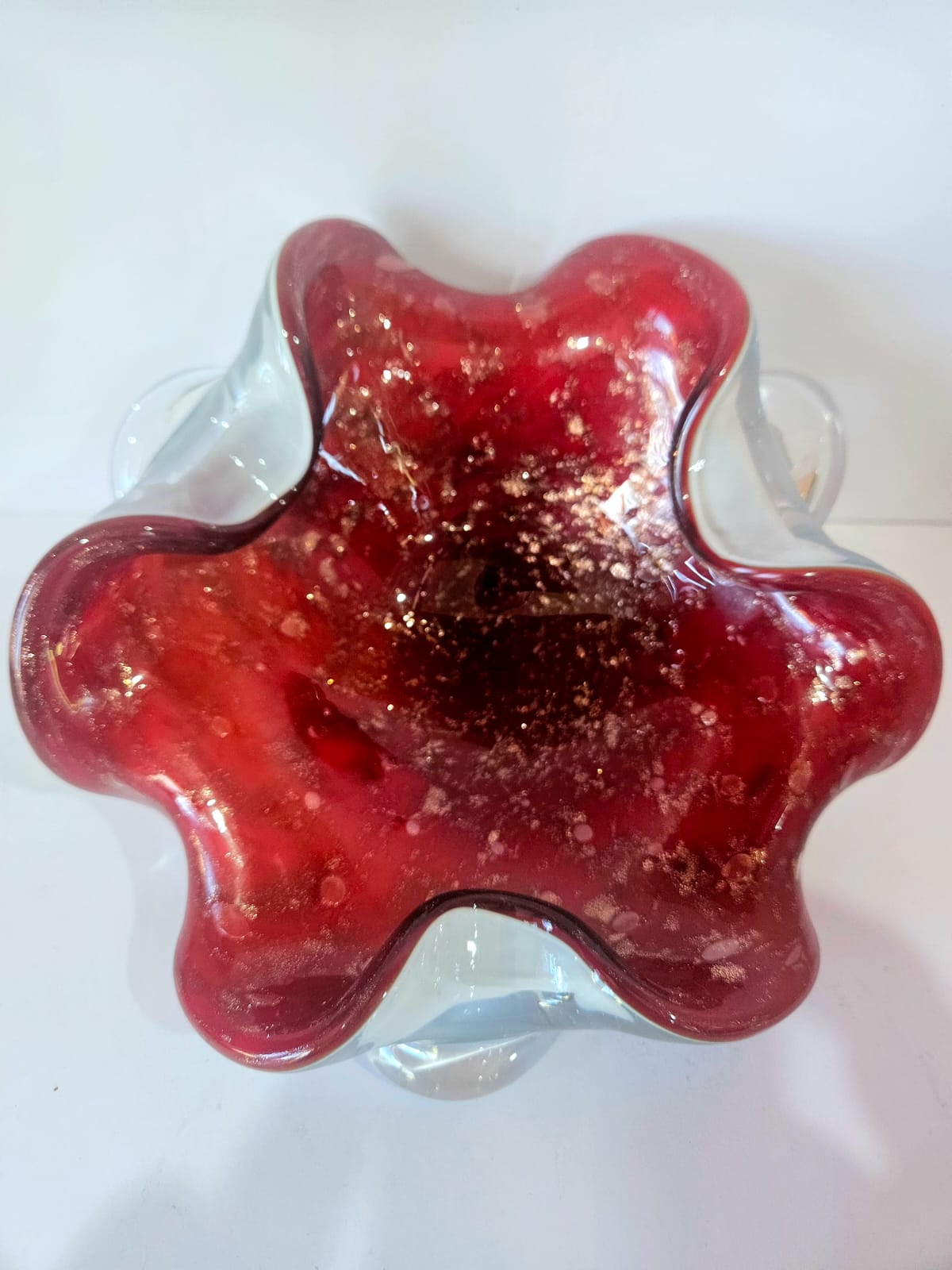 Vintage Murano Seguso Art Glass Bowl Candy Dish Red And Gold Fleck