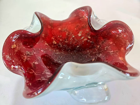 Vintage Murano Seguso Art Glass Bowl Candy Dish Red And Gold Fleck