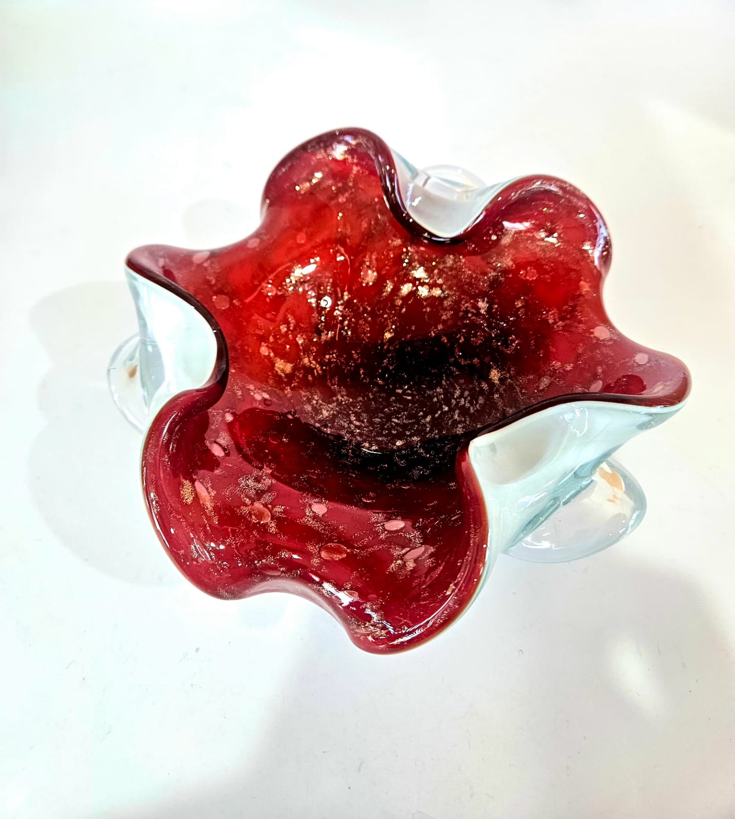 Vintage Murano Seguso Art Glass Bowl Candy Dish Red And Gold Fleck