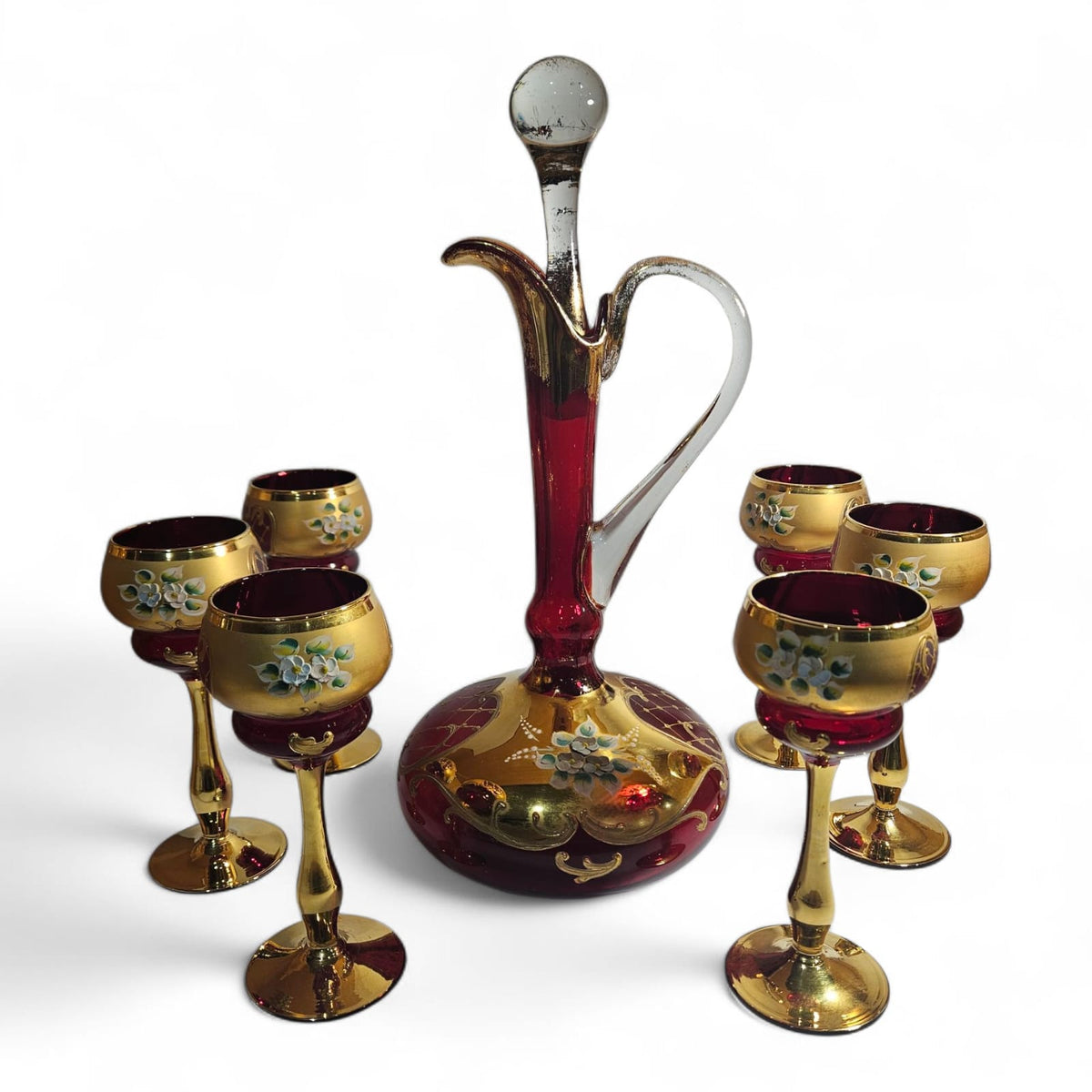 Vintage Murano "Tre Fuochi" Salvadori 24 ct Gold decanter with 6 tall glasses