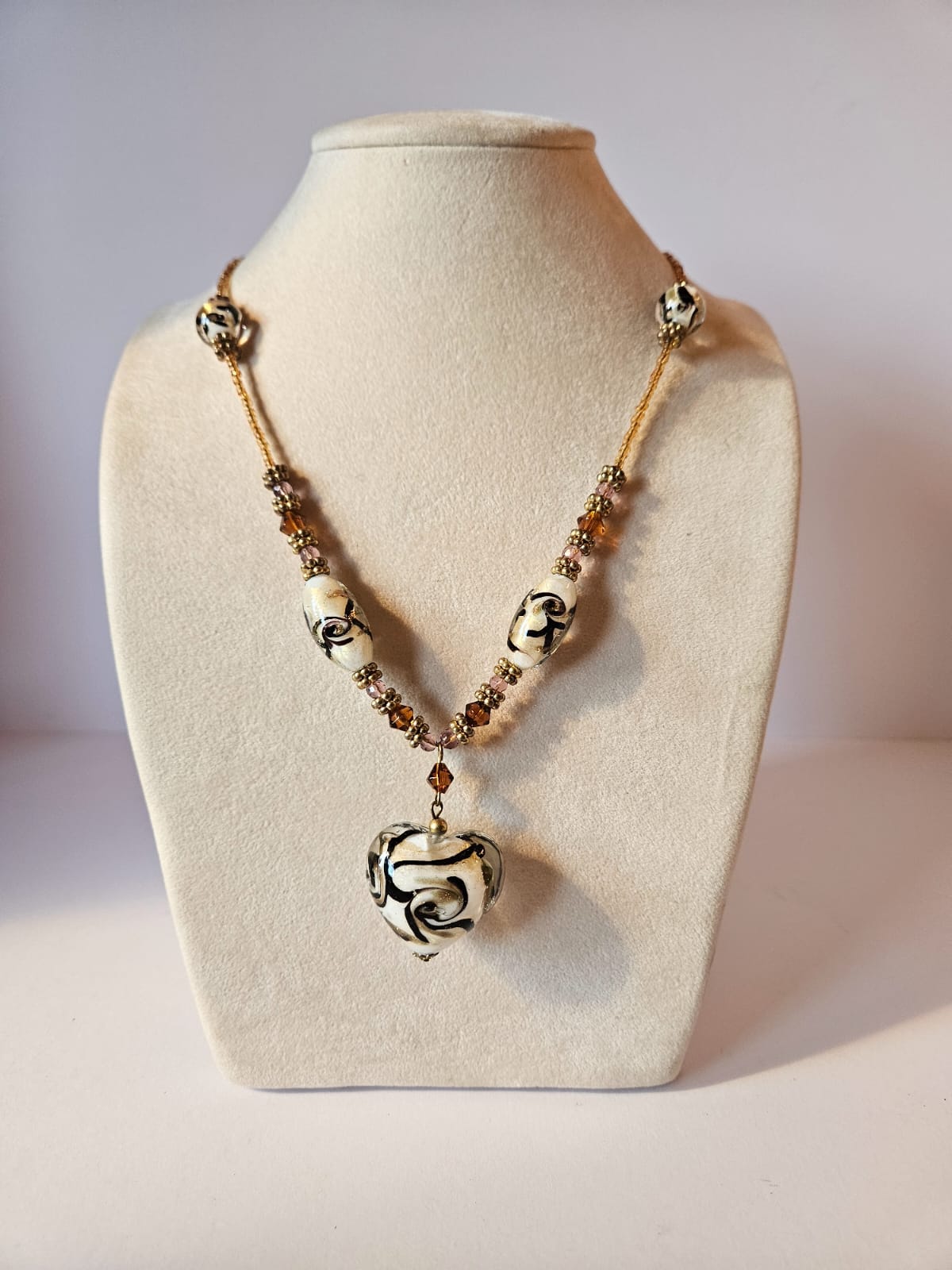 Murano Venetian Italian Glass Heart Pendant & Bead Necklace