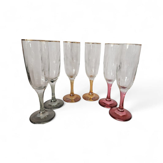 Optic Ribbed Champagne flutes with gold rims and colored Stems, Set of 6