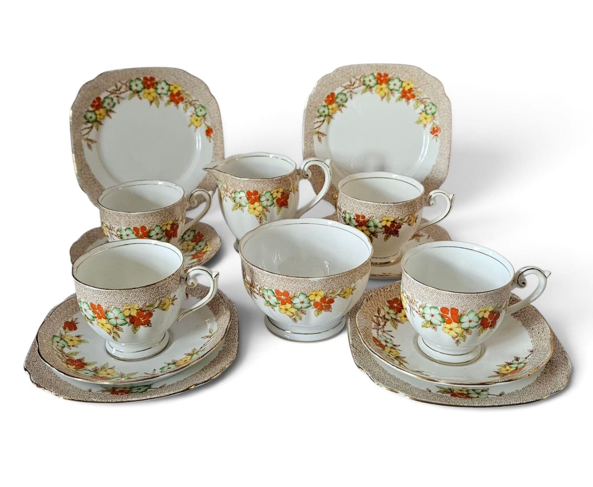 Bell China 14 pcs Tea Set, Pattern R280, Orange Yellow Flowers c.1960