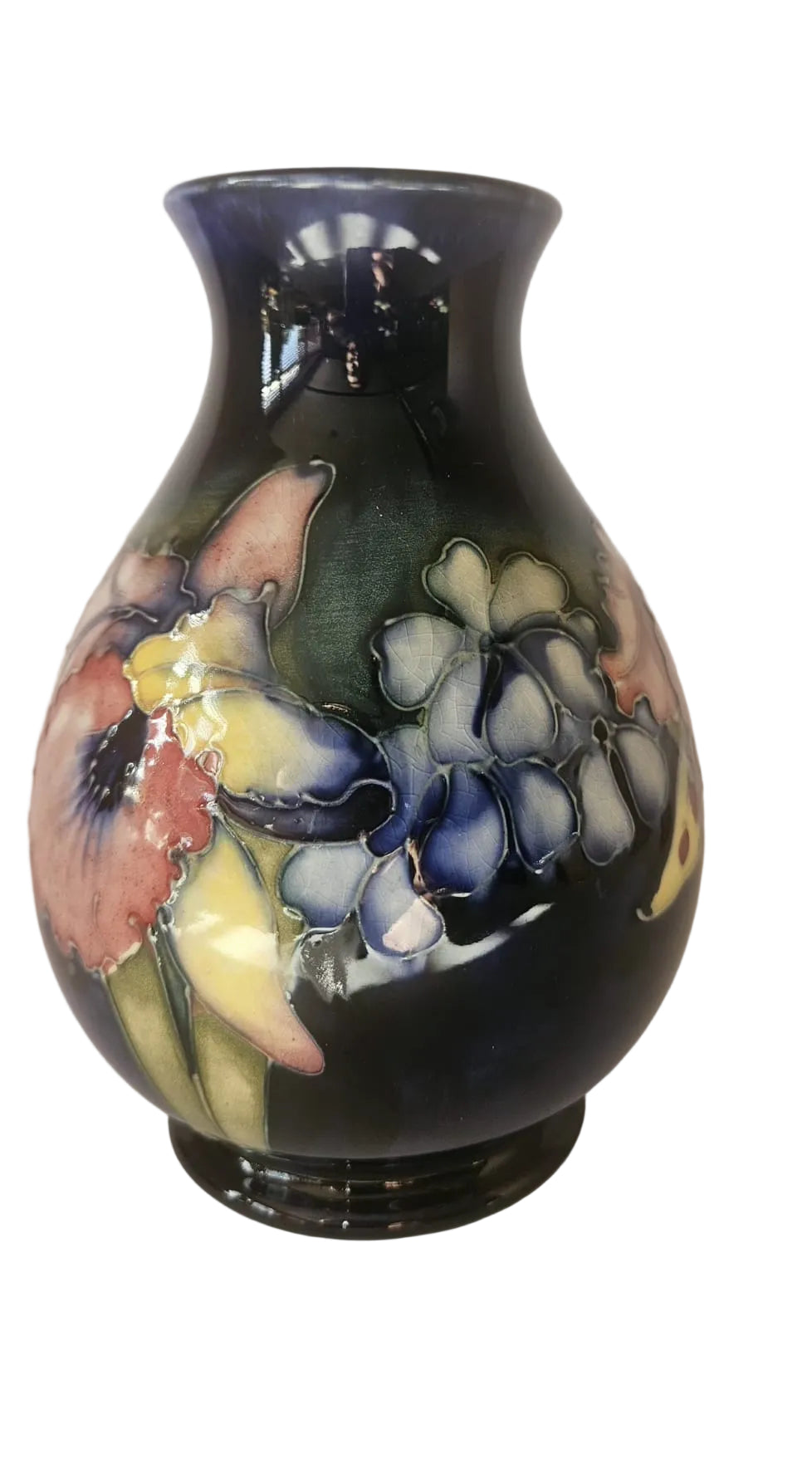 Walter Moorcroft Orchid on Blue Ground vase shape 7/6