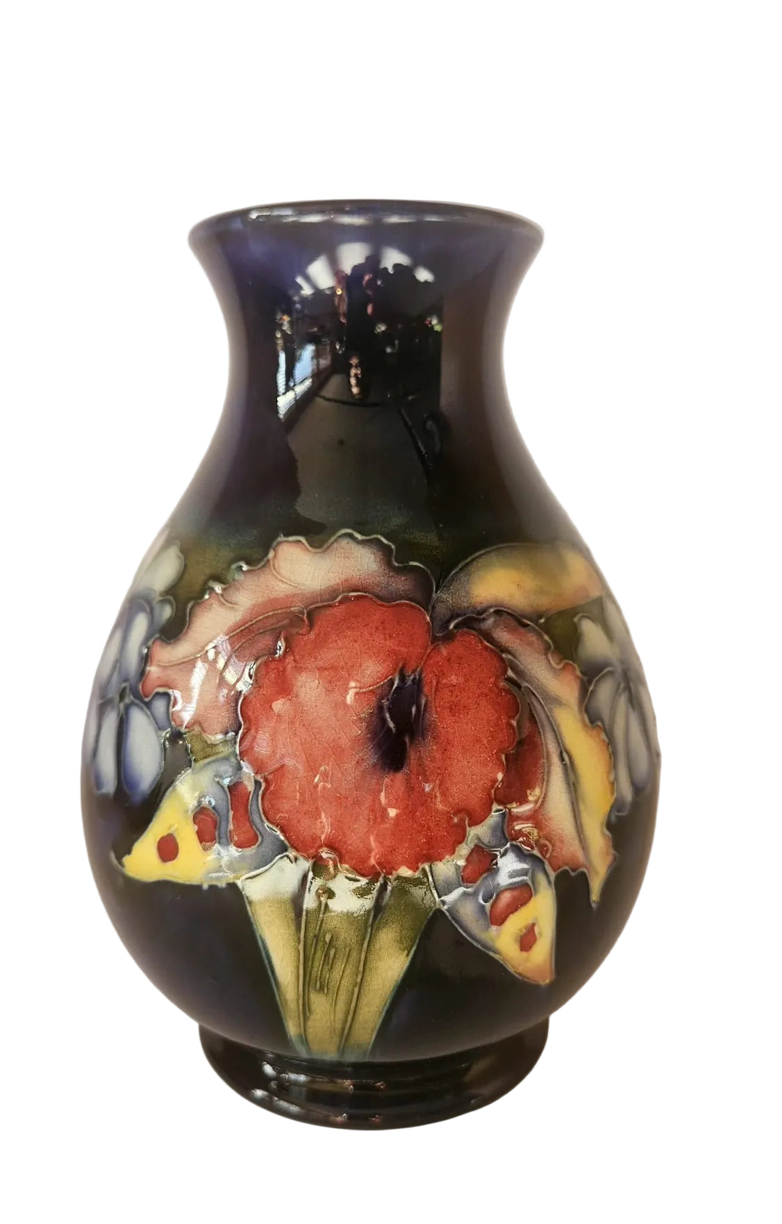 Walter Moorcroft Orchid on Blue Ground vase shape 7/6