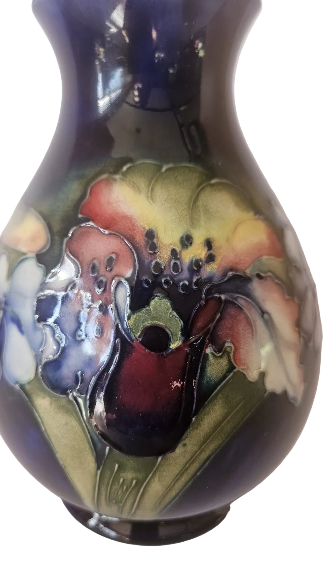 Walter Moorcroft Orchid on Blue Ground vase shape 7/6