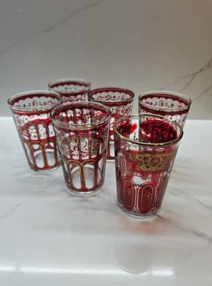 Vintage Bar Glasses - Ruby Art Deco Design - Gold Rimmed - Set of 5