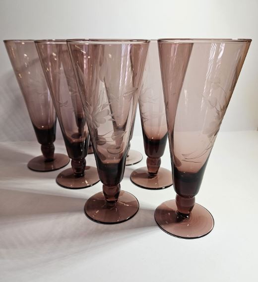 7 x Vintage mauve Parfait Wine Pilsner Glasses Flower design etched