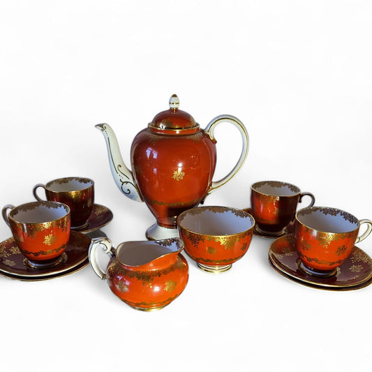 PARAGON Double Warrant Coffee Set 14 Pcs dark orange & Gold Accents 1950s