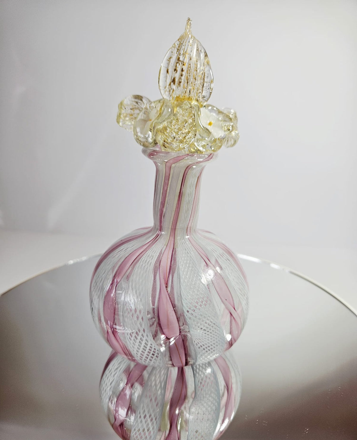 Vintage Murano Pink & White Latticino Art Glass Perfume Bottle with Floral Stopper