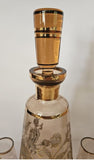 Vintage 1960's Amber Glass Decanter with 6 glasses with Gold Leaf Gilding