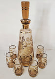 Vintage 1960's Amber Glass Decanter with 6 glasses with Gold Leaf Gilding